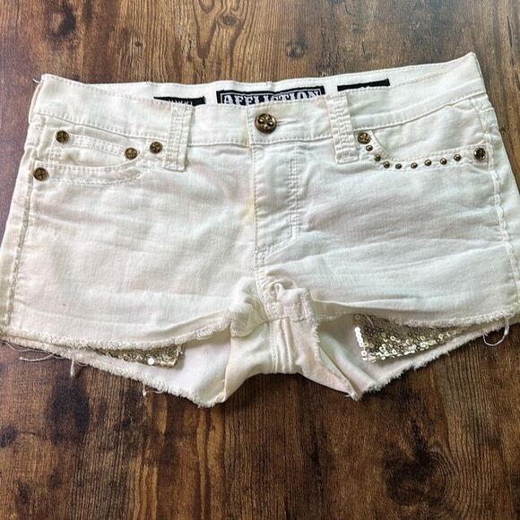 Affliction VIKKI white shredded cut off denim jean shorts gold sequin Sz 30 Y2K - Picture 2 of 10